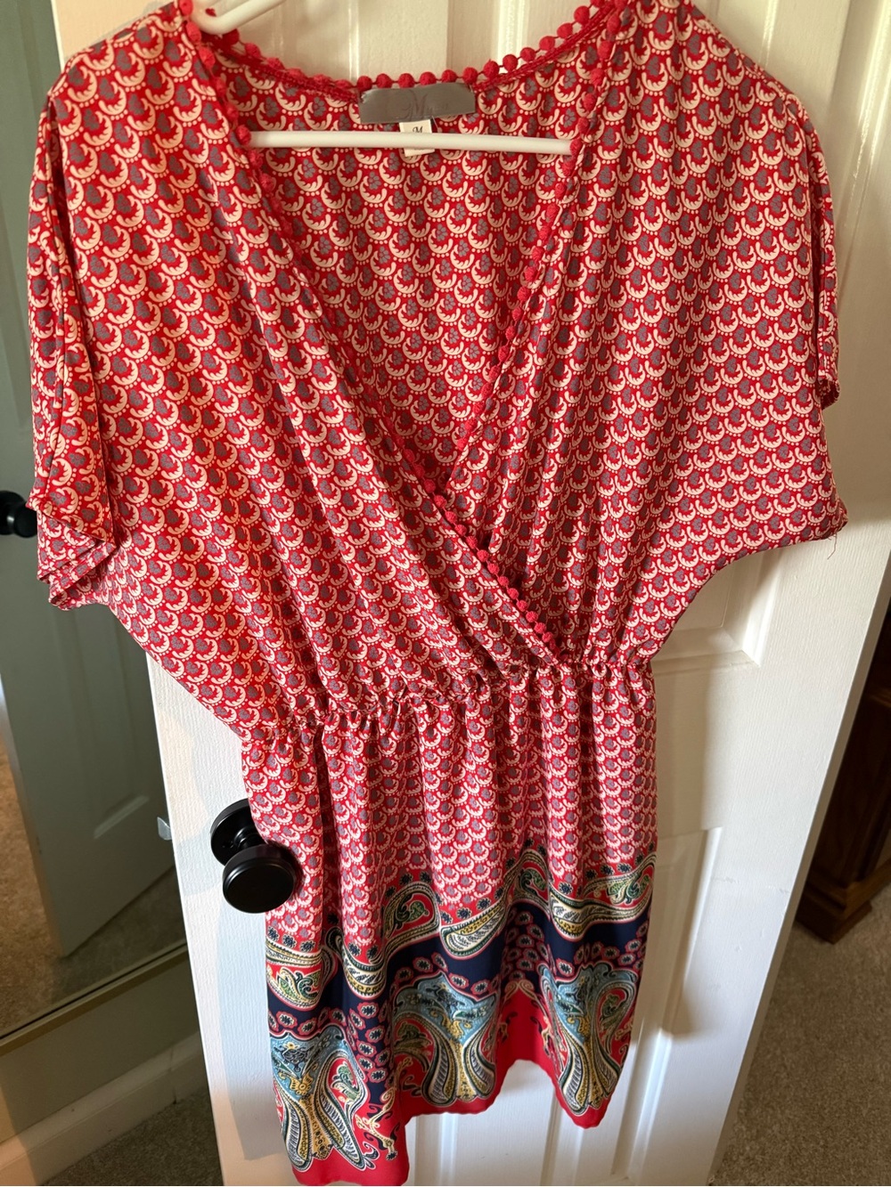 Red Patterned Paisley Border Short Sleeve Dress